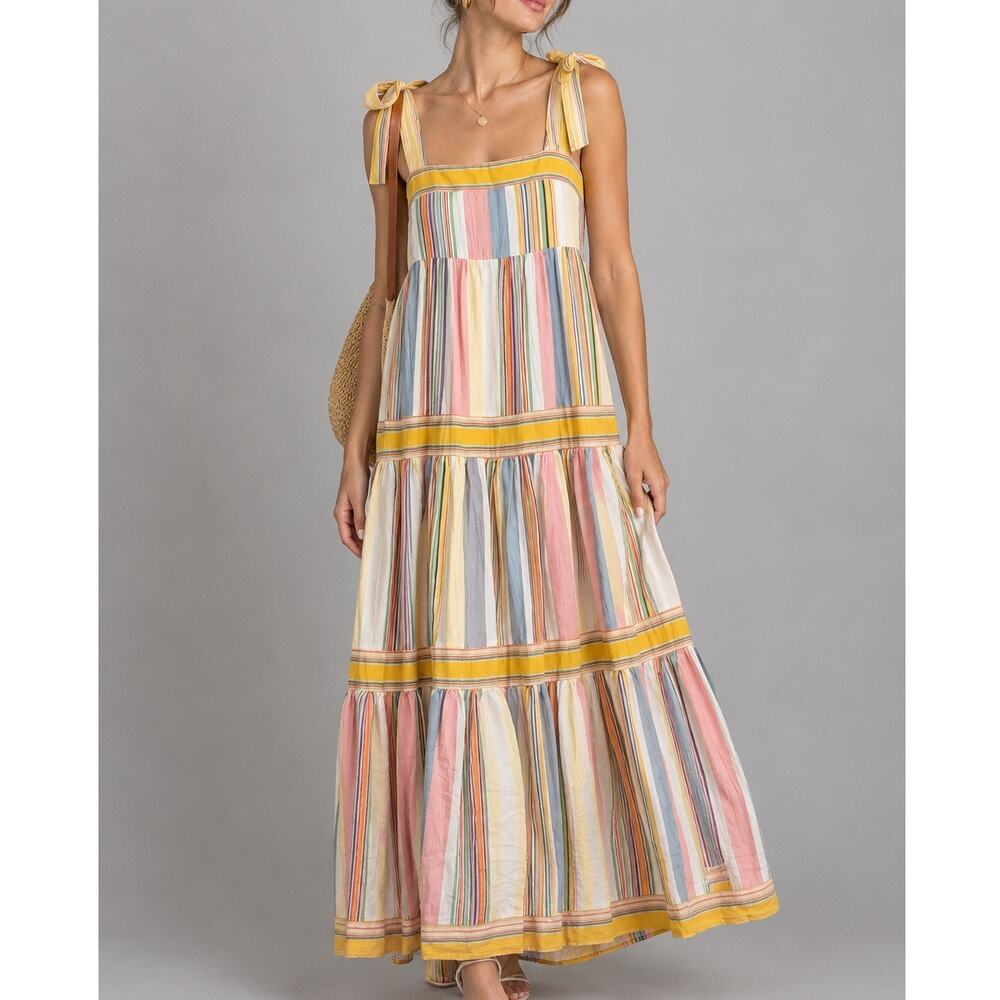 By Together Yellow Muted Striped Tiered Maxi Dress Womens Small Euro Summer